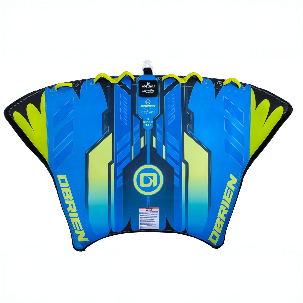 Blue/yellow OBrien Bat Wing 3 boat tube with geometric patterns.