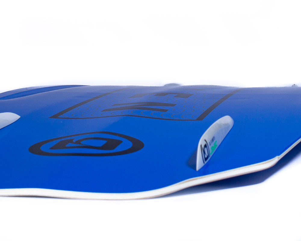 Bottom view of O'Brien Hooky Wakeboard showing deep channels, a contoured center spine, and four removable fins.