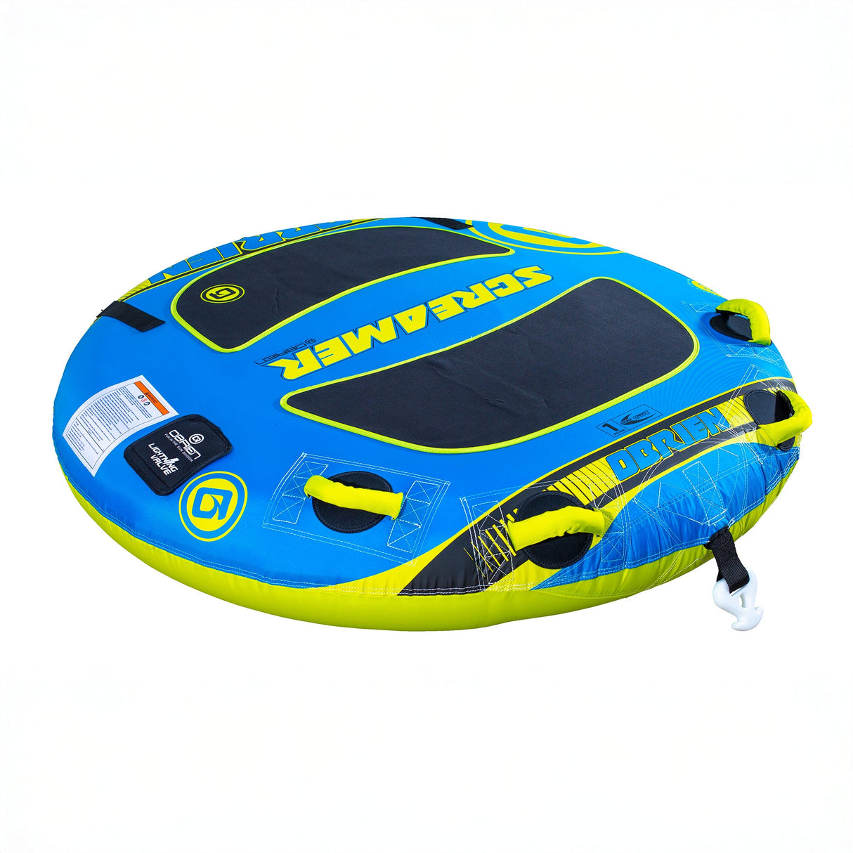 OBrien Screamer Towable Tube: Round, blue/yellow with multiple handles.