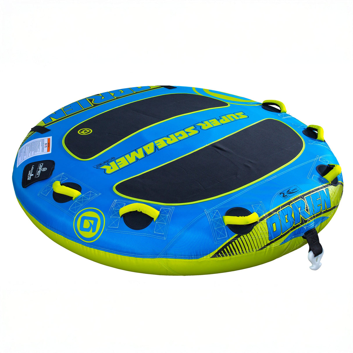 OBrien Super Screamer Boat Tube, blue/yellow w/handles for water fun.