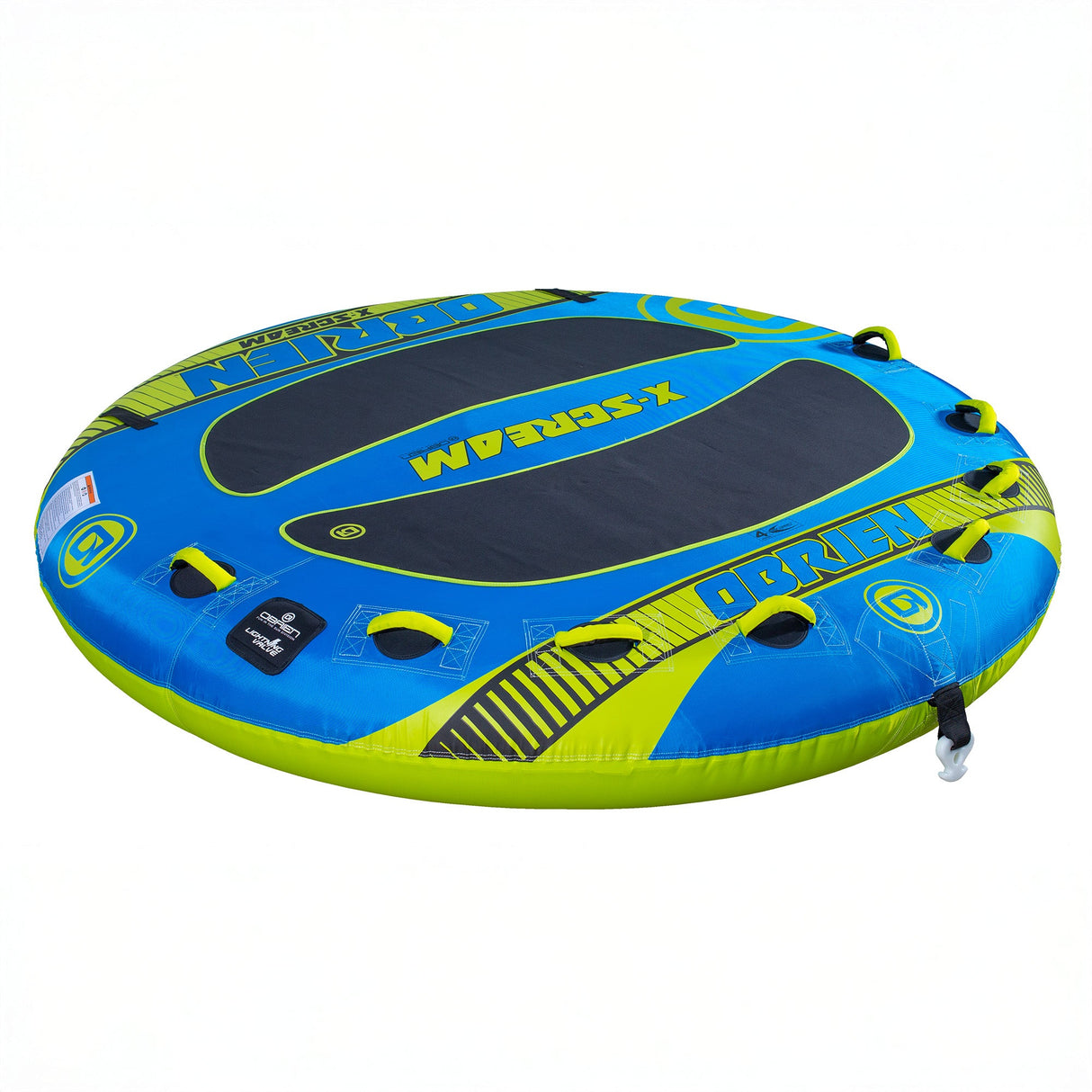 OBrien X-Scream Boat Tube, blue/green with black grips and mesh center.