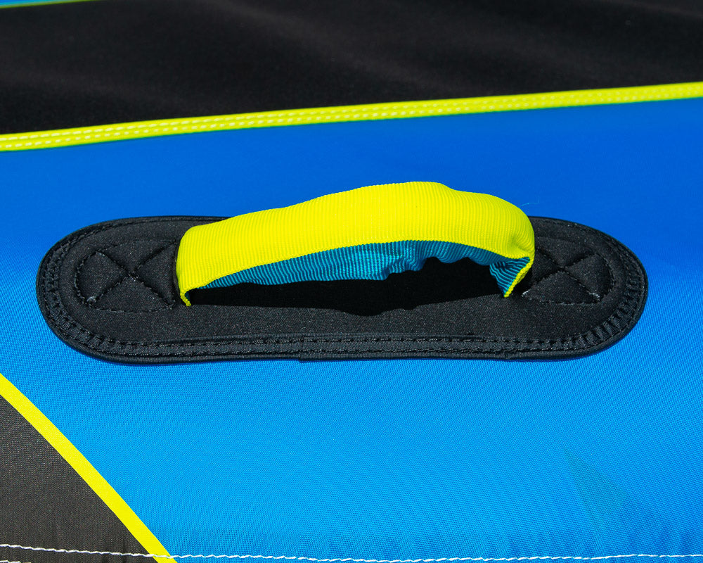 Close-up of a yellow handle on an OBrien D-Lux 2 inflatable tube.