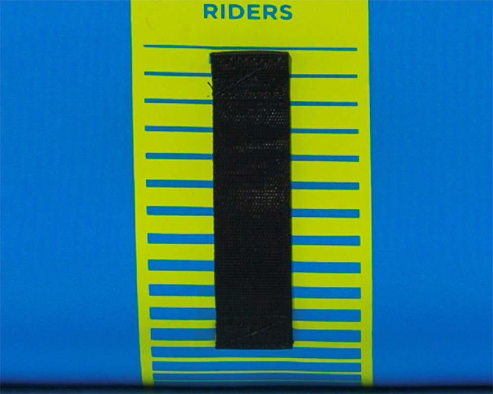 Blue RIDERS board with yellow stripe, D-Lux series, black center strap.