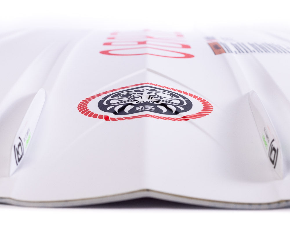Bottom view of O'Brien Intent Wakeboard showing a black and red tribal-style logo near the center spine.