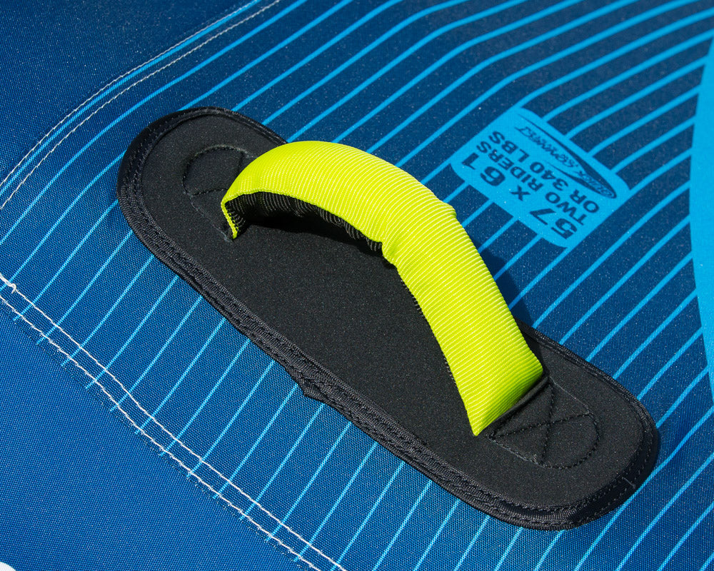Close-up of New-U 2s handle with blue stripes and a fresh yellow grip.