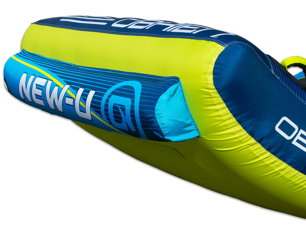 Close-up of OBrien New-U 2 Towable Tube, vibrant with blue, green, and yellow accents.