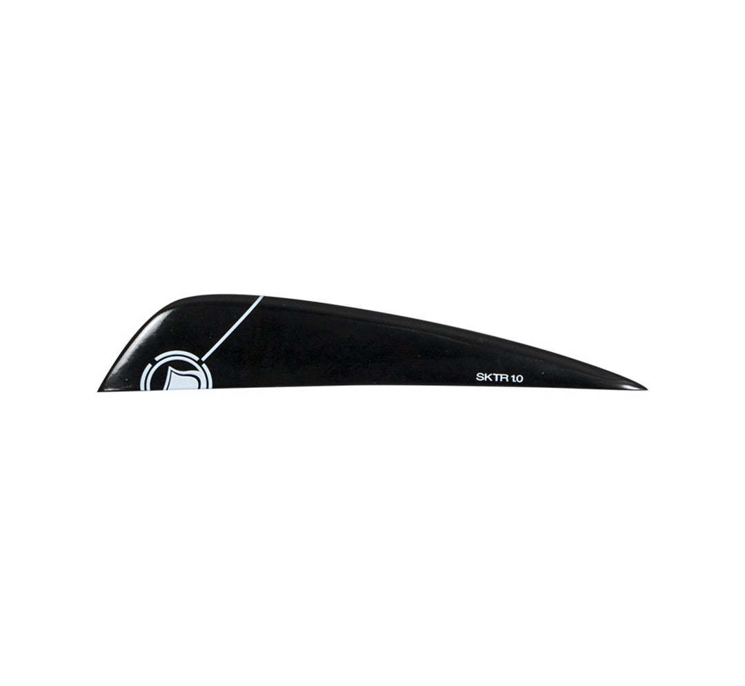 Black SKTC 1.0 surfboard fin with white logo, includes bolt kit.