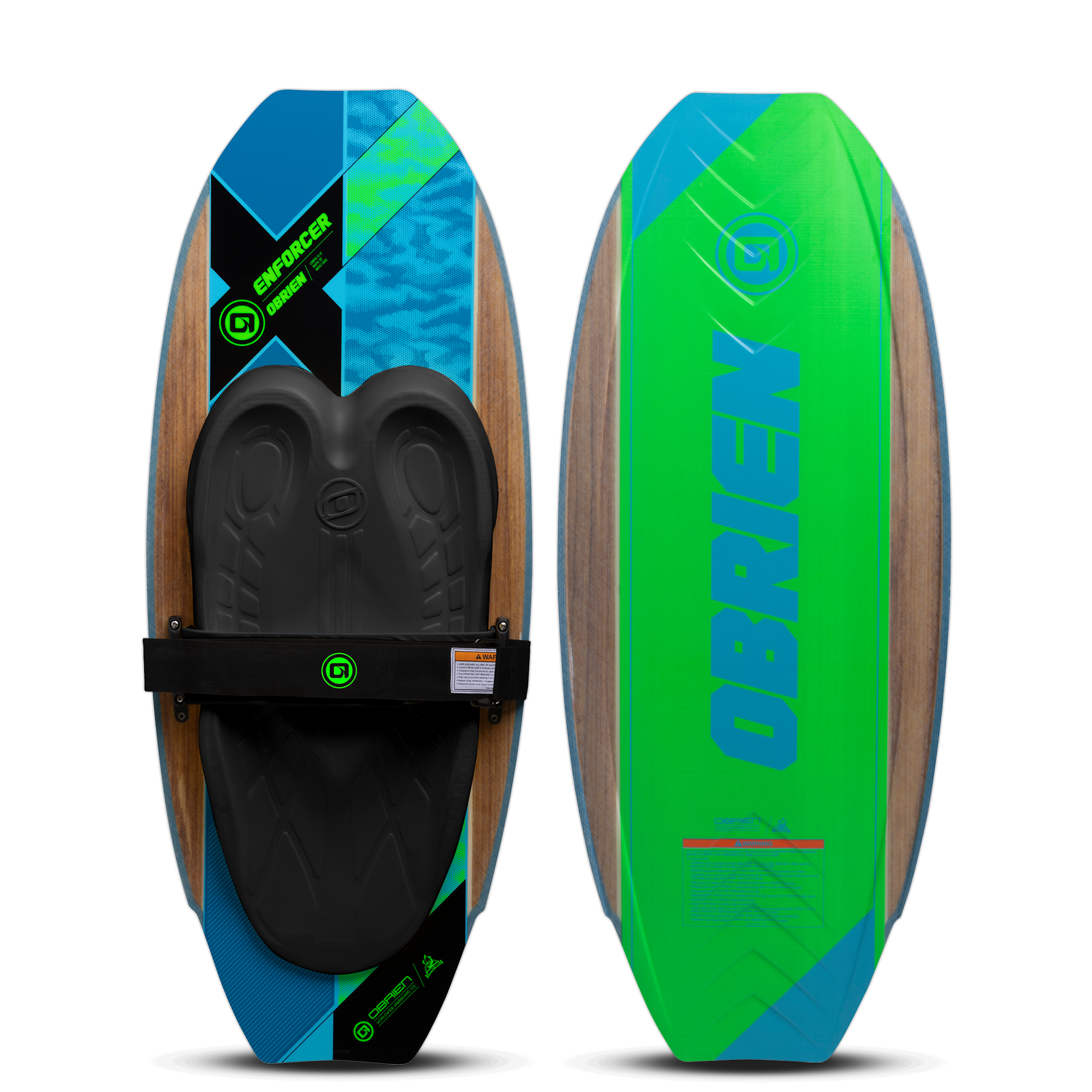 O'Brien Enforcer Kneeboard, top and bottom view, woodgrain with blue, green, and black accents, black pad, and strap.