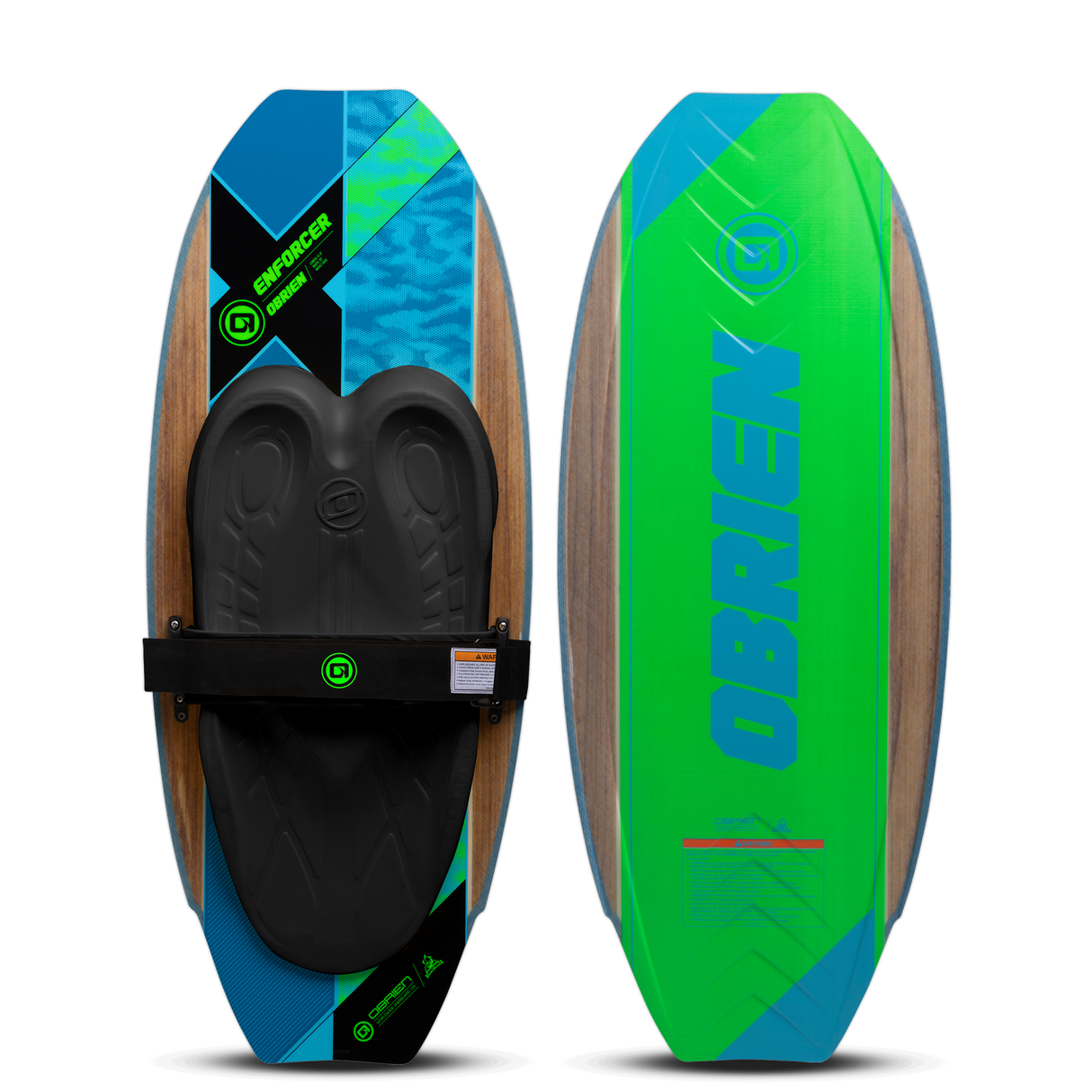 O'Brien Enforcer Kneeboard, top and bottom view, woodgrain with blue, green, and black accents, black pad, and strap.