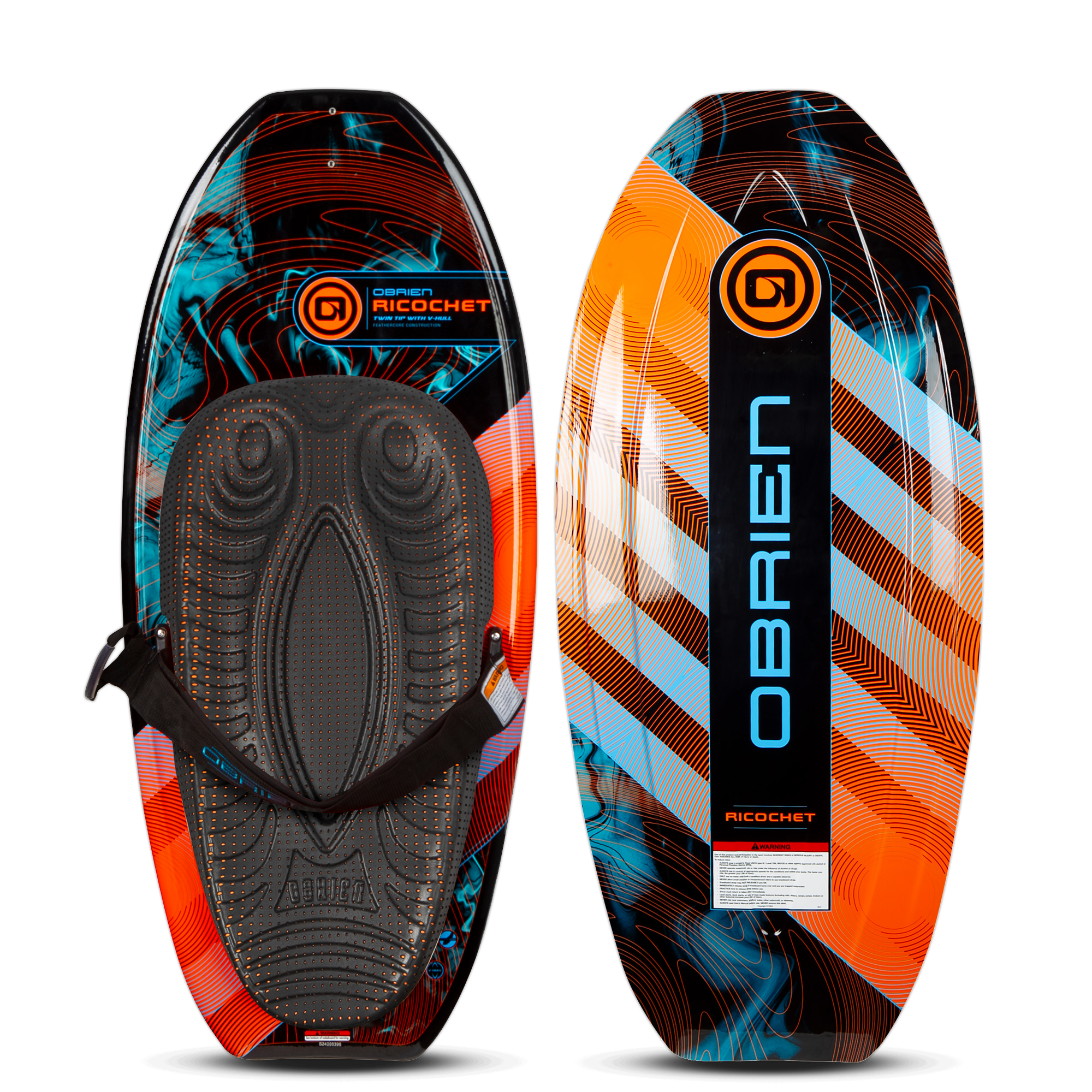 Top and bottom of the Ricochet Kneeboard, with a black, orange, and blue design with a padded seat and an adjustable strap.