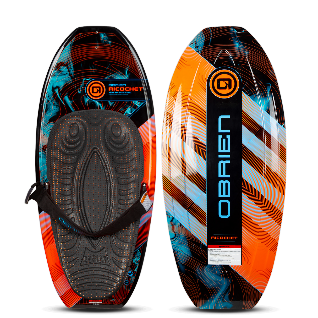 Top and bottom of the Ricochet Kneeboard, with a black, orange, and blue design with a padded seat and an adjustable strap.