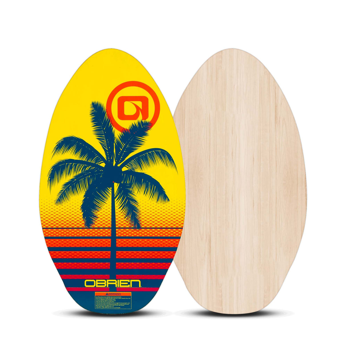 Front and back view of O'Brien Skimboard 35" with a palm tree graphic and woodgrain base.