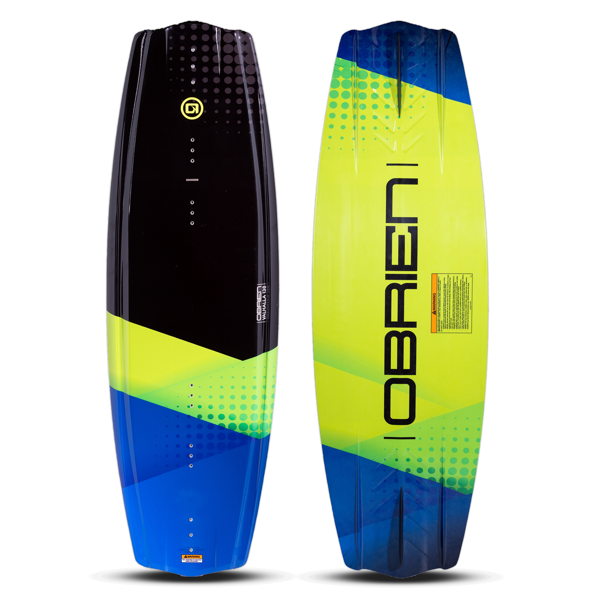 Top and bottom of the O'Brien Valhalla Wakeboard, with a black, blue, and yellow design, bold graphics and sleek profile.