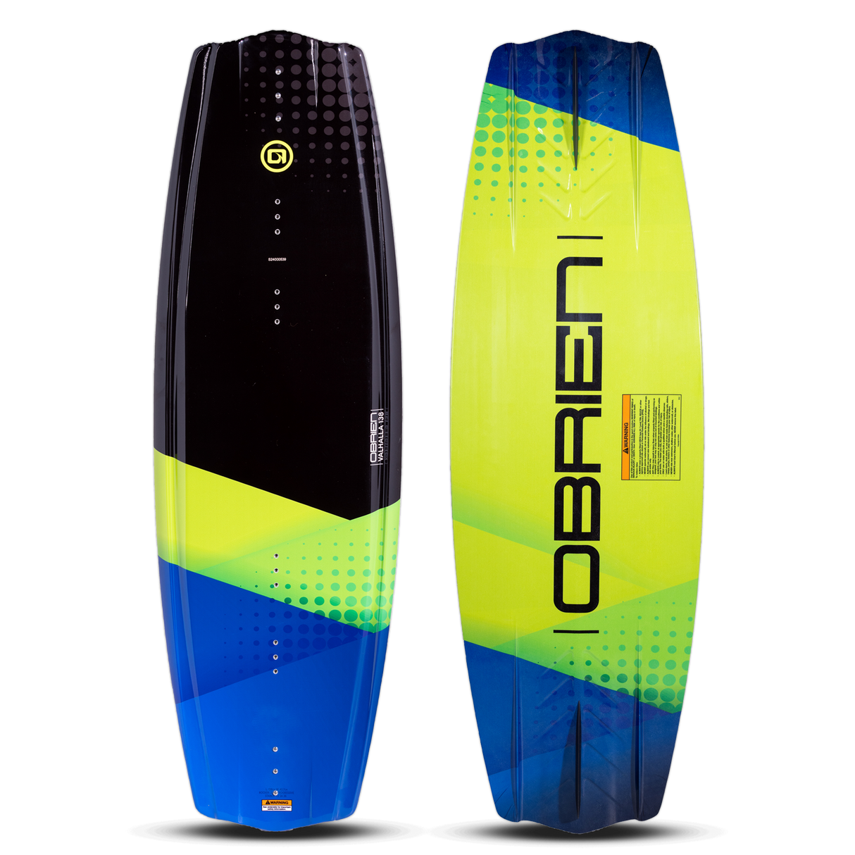 Top and bottom of the O'Brien Valhalla Wakeboard, with a black, blue, and yellow design, bold graphics and sleek profile.