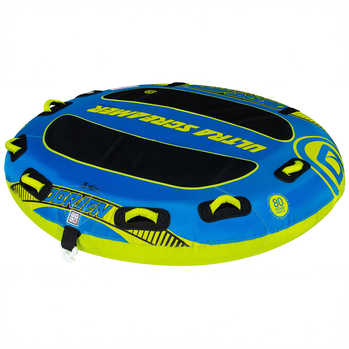 The OBrien Ultra Screamer is a blue/yellow deck tube with EVA pads and handles for 3 riders.