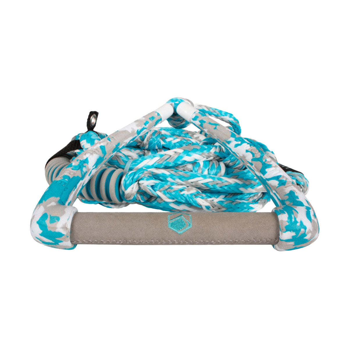 Surf 9 Ultra Suede Rope and Handle Combo in turquoise and white, ideal for wake surfing.