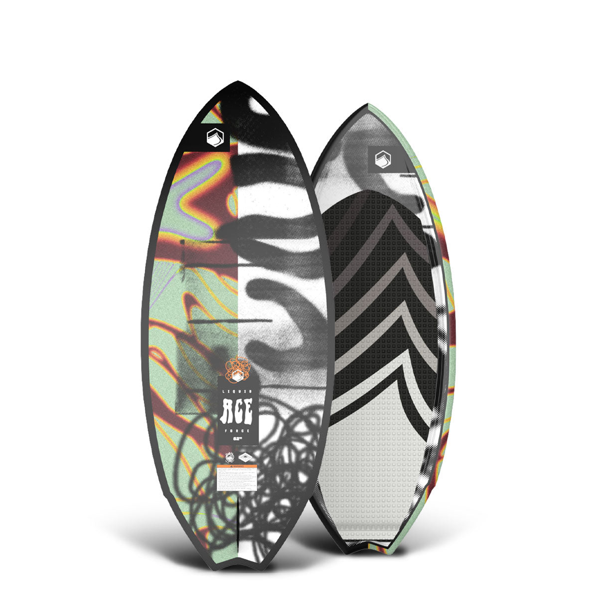 Top and bottom view of Ace wakesurf board with colorful, abstract designs stand upright.