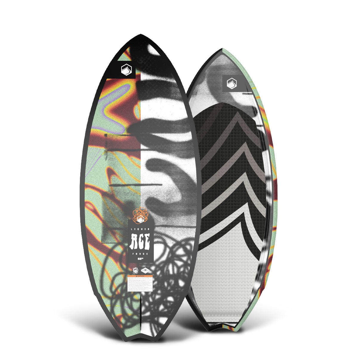 Top and bottom view of colorful wakesurf board named Ace with abstract and geometric designs.