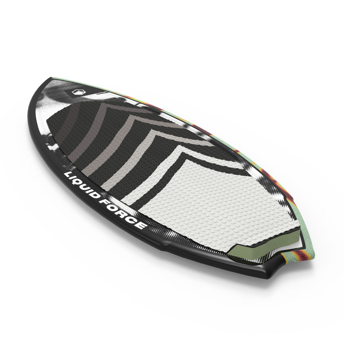 Ace black and white wakesurf board by Liquid Force with textured grip for peak performance.