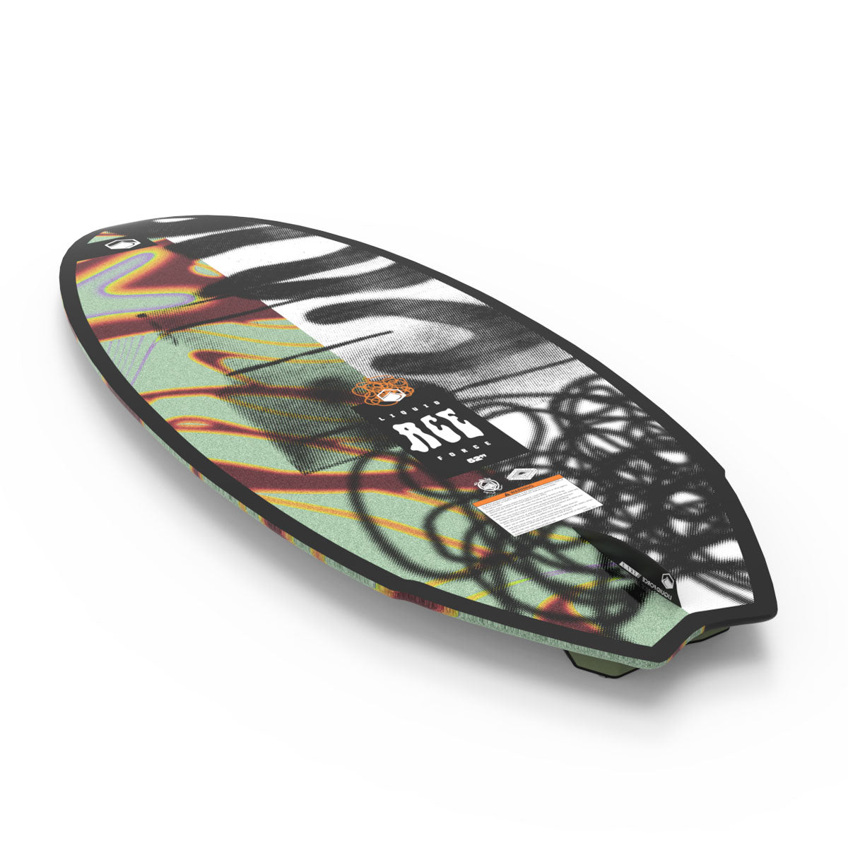 The Ace: A vibrant wakesurfing board with abstract patterns on a white backdrop.