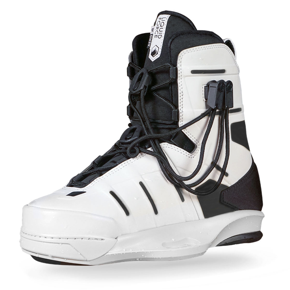 Front angled view of a white and black wakeboard boot with black laces, high ankle support, and a sleek modern design.