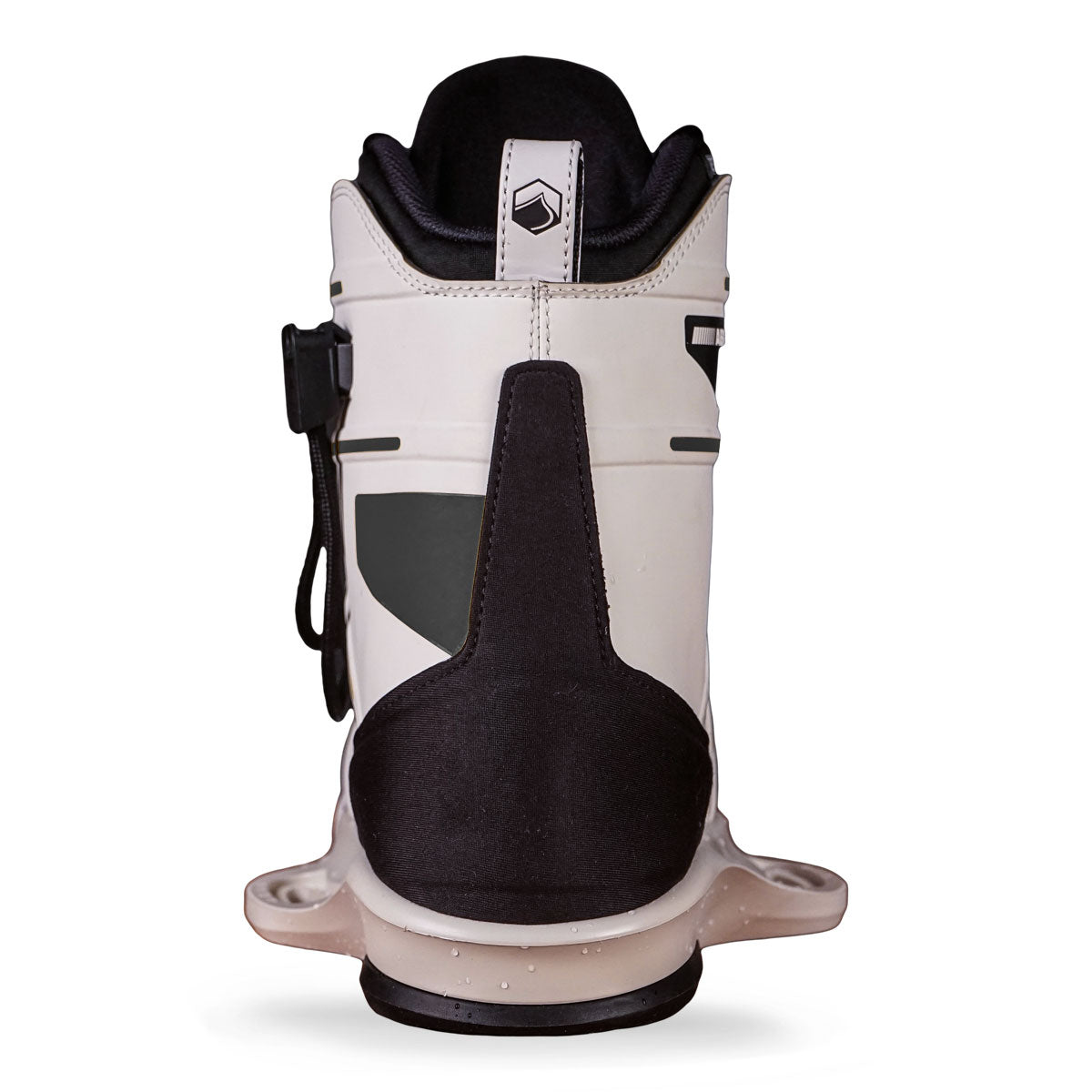 Back view of a white and black wakeboard boot with an ergonomic design and sturdy rubber sole.