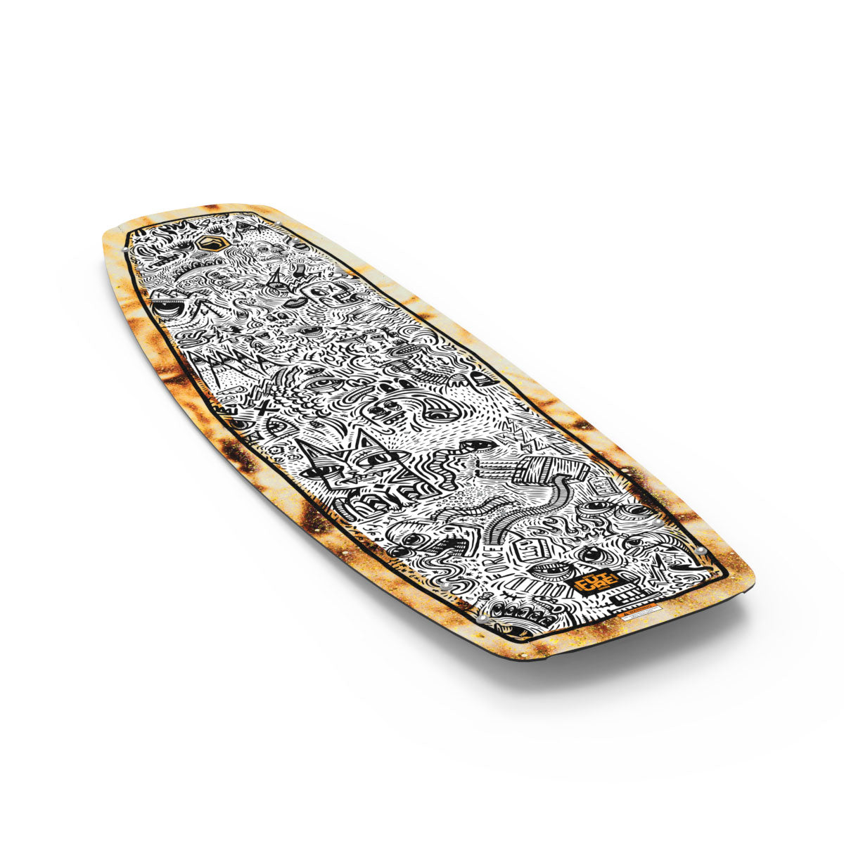 Liquid Force wakeboard deck with detailed black/white doodle art and wood border.