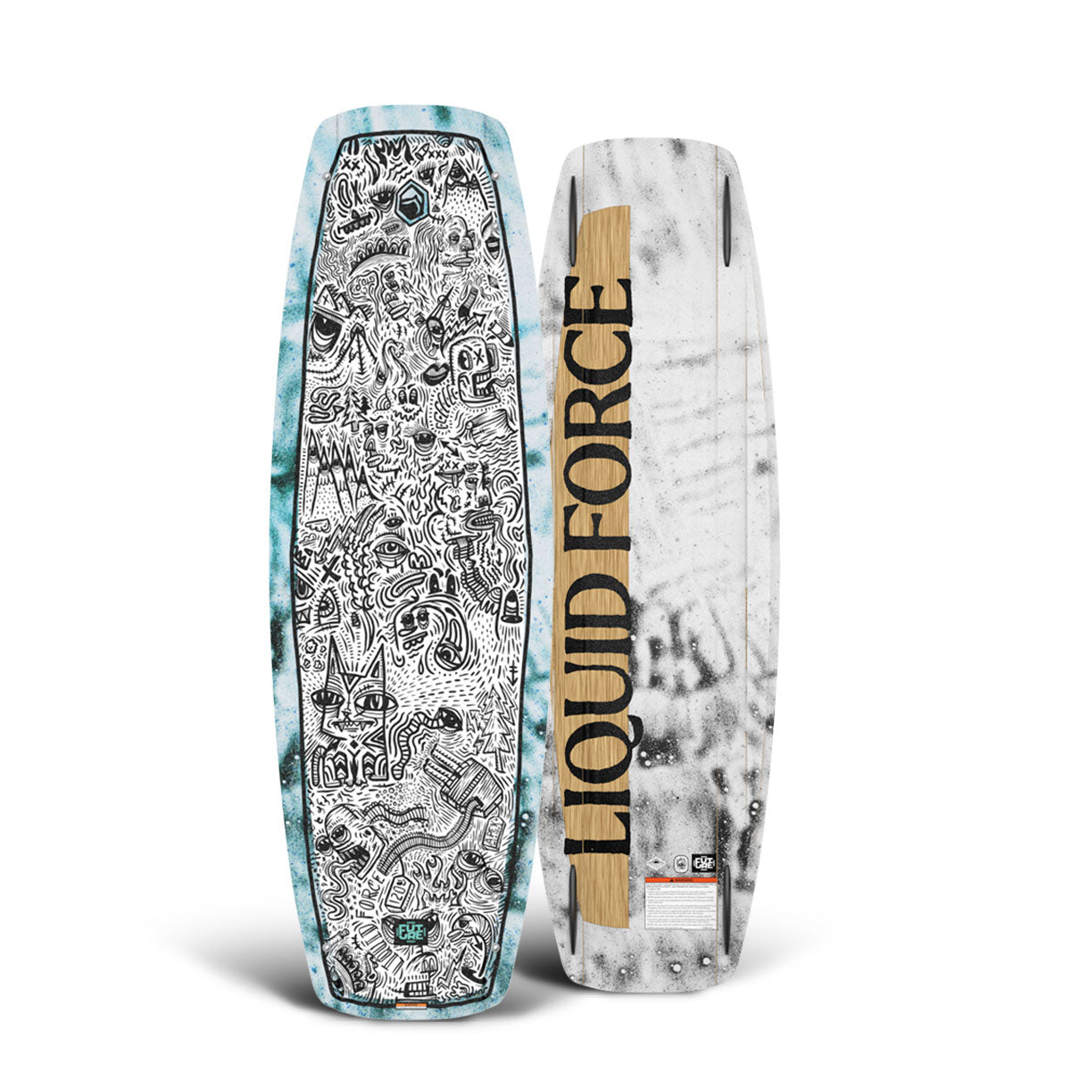 Top and bottom view of patterned park wakeboard: blue accents or bold Liquid Force text.