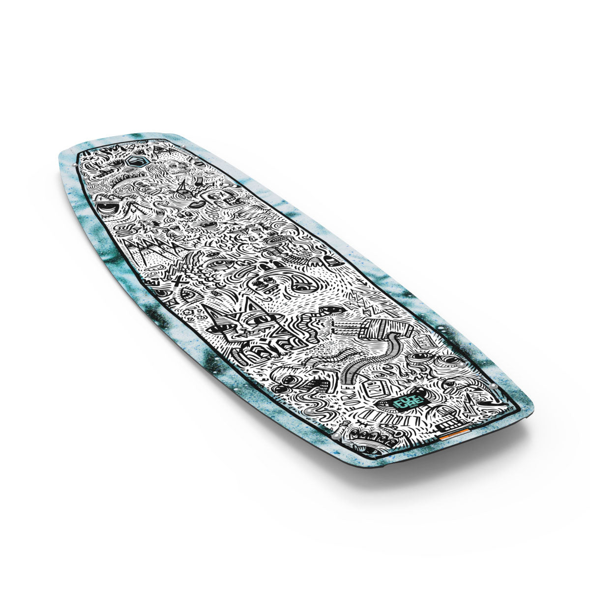 Liquid Force Park wakeboard, intricate black & white design, blue edges, and logo.