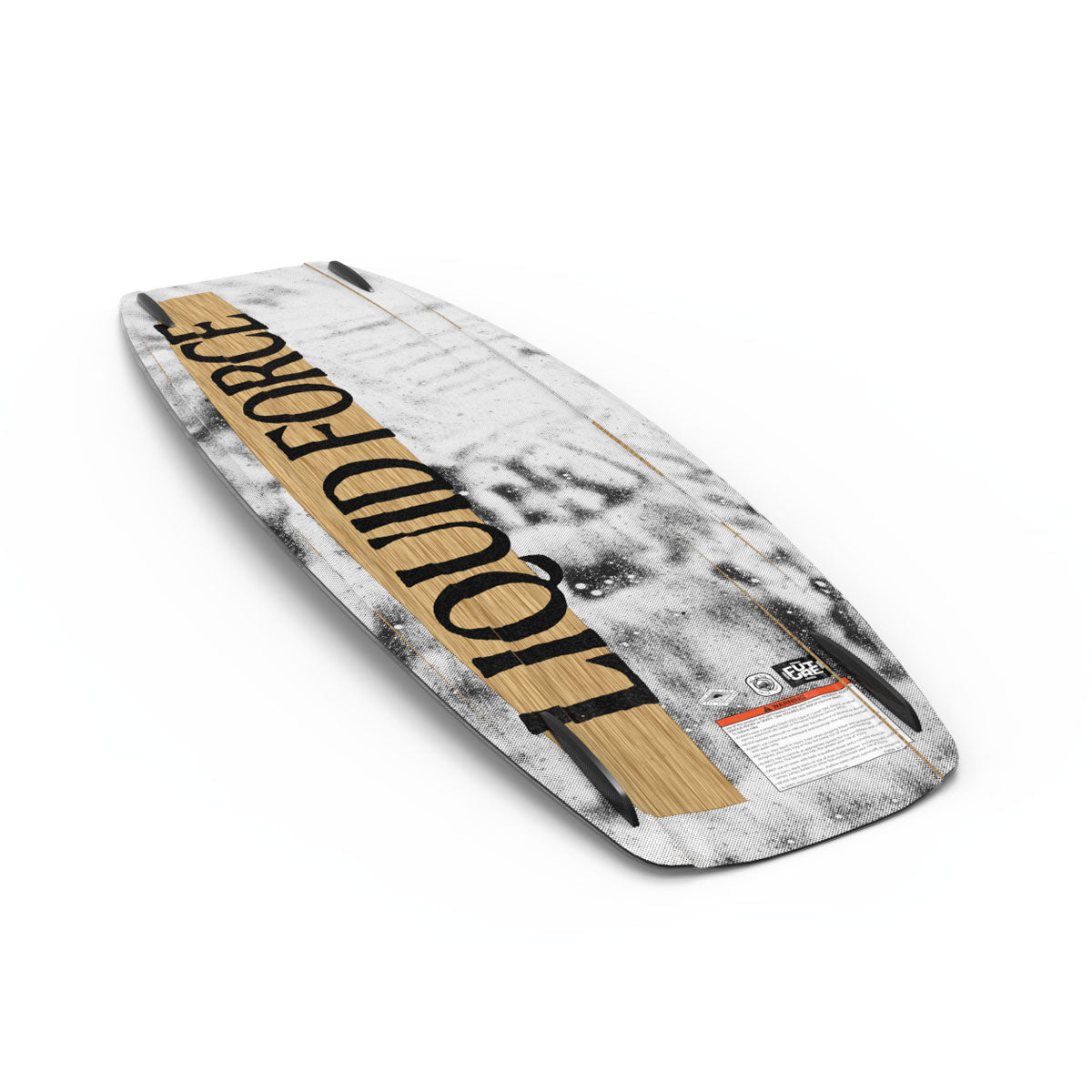 A Liquid Force wakeboard featuring a wooden stripe and bold black text on a white background.