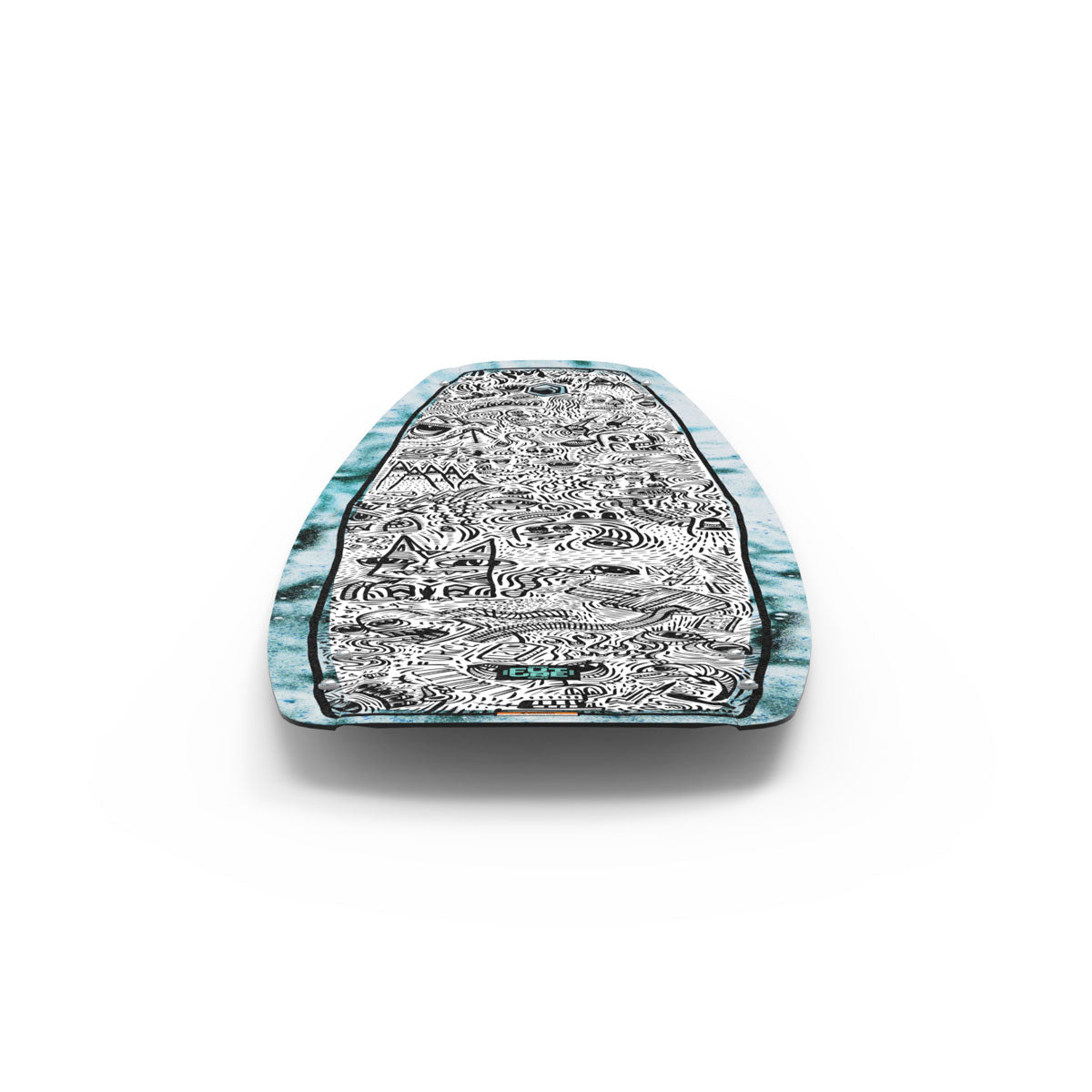 Ornate silver tray with abstract patterns, seen from a Liquid Force wakeboarders view.