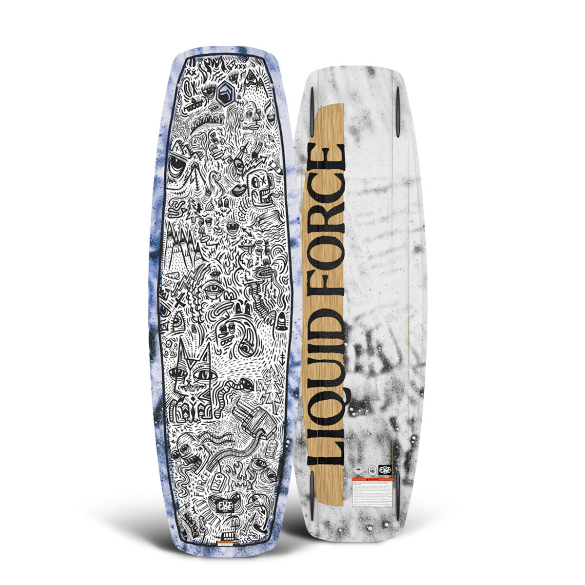 Top and bottom view of Liquid Force park wakeboard with complex black designs on white backgrounds.