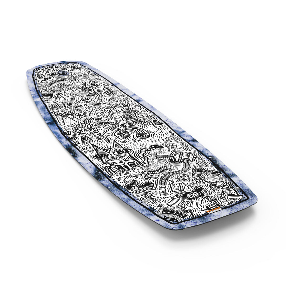 Liquid Force deck with detailed black-and-white abstract designs, ideal for wakeboarding.