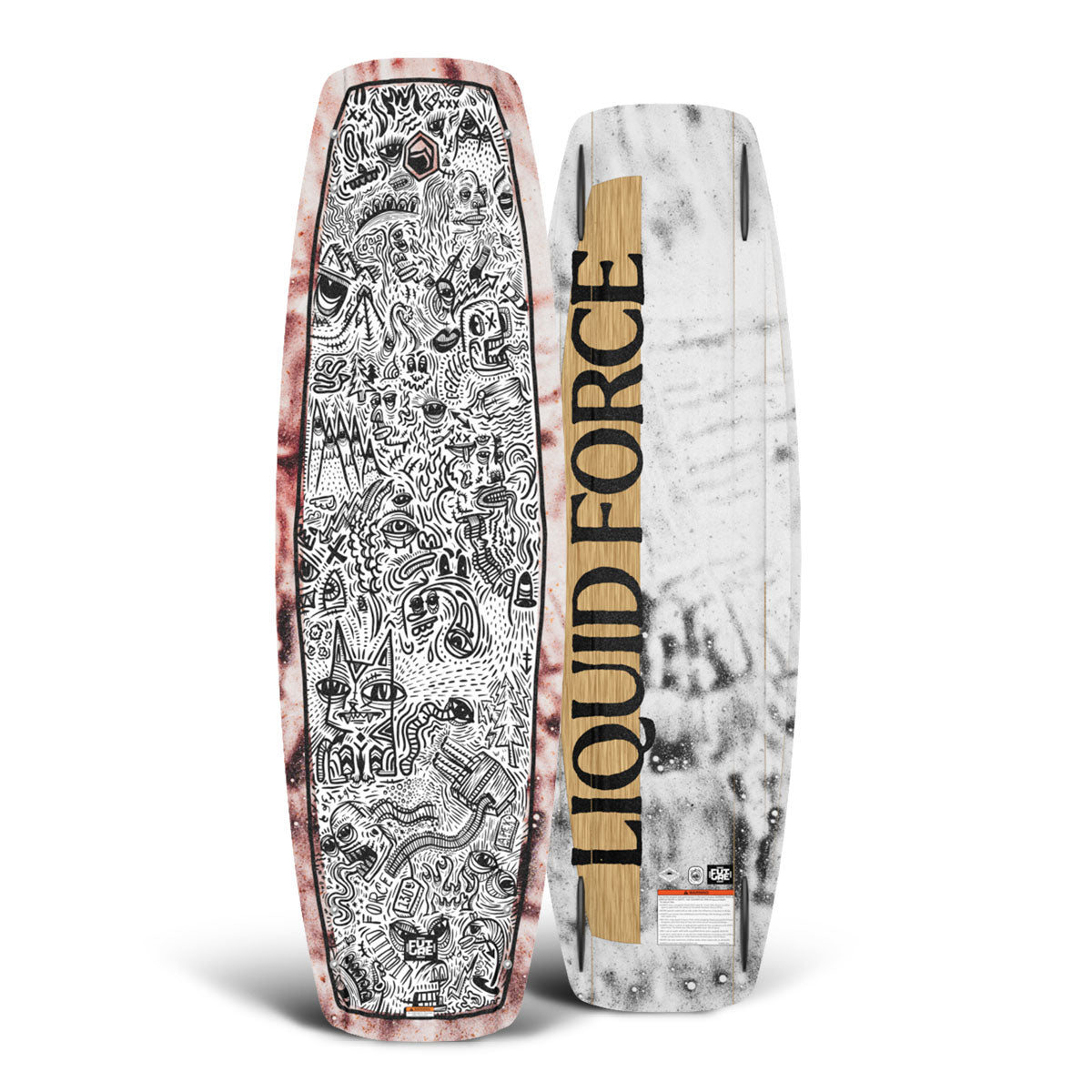 Top and bottom view of wakeboard with intricate doodles and abstract designs.
