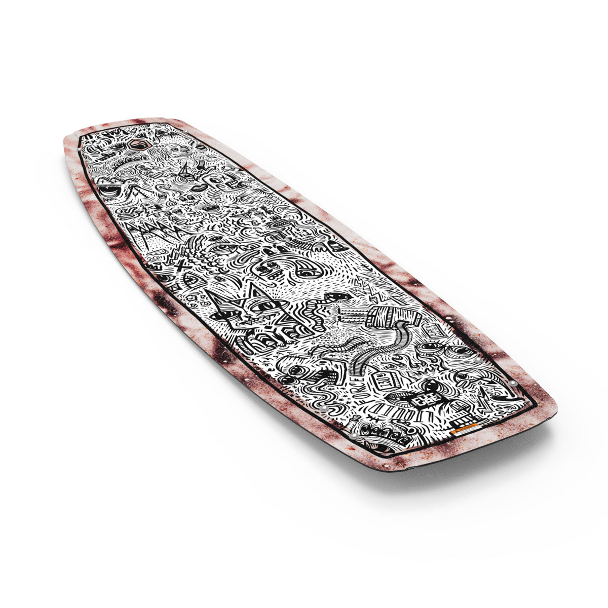 Liquid Force park wakeboard with black & white abstract designs on a pink backdrop.