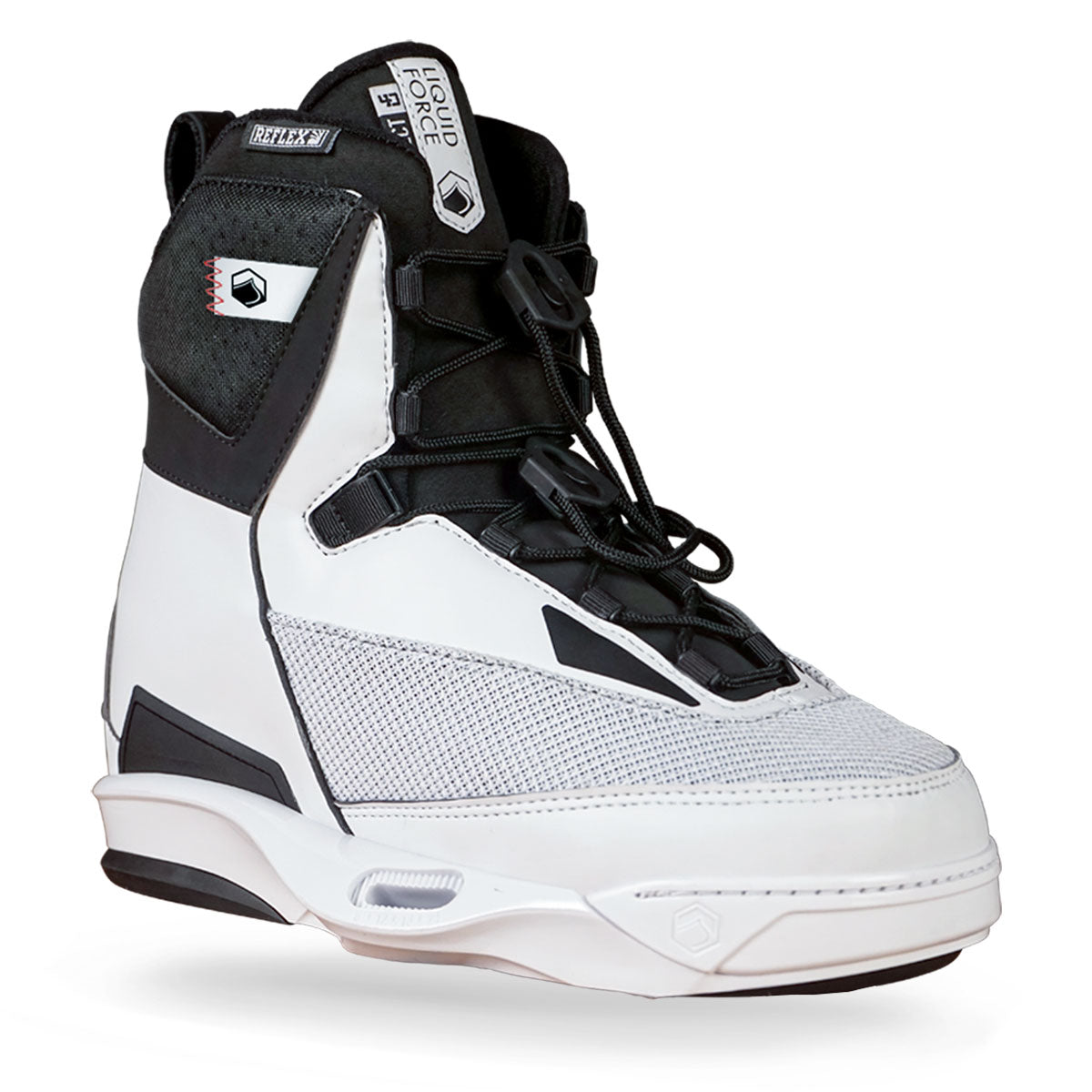 Liquid Force high-cuff bindings in black and white, lace-up style and geometric design.