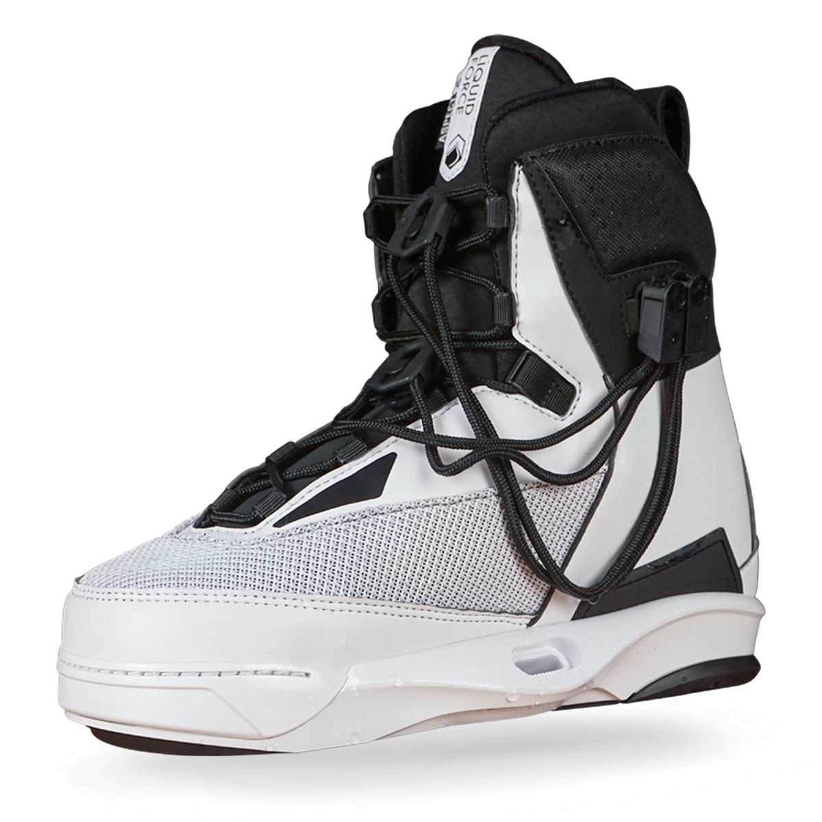 Liquid Force high-cuff bindings feature an intricate black and white lace design.