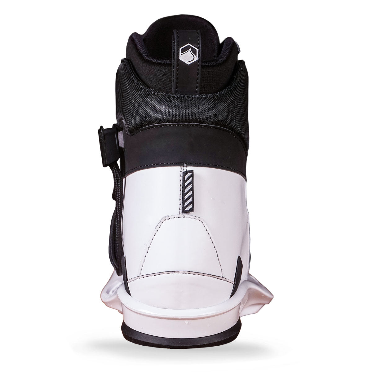 Liquid Force black & white geometric high-top sneaker, with a padded collar, reminiscent of wakeboard bindings, viewed from the back.