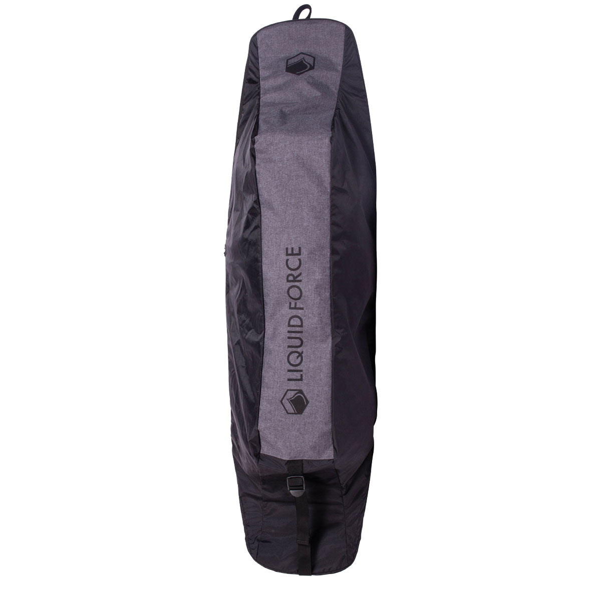 Upright black and gray Adjustable wakeboard bag with backpack straps for easy carry by Liquid Force on white background.