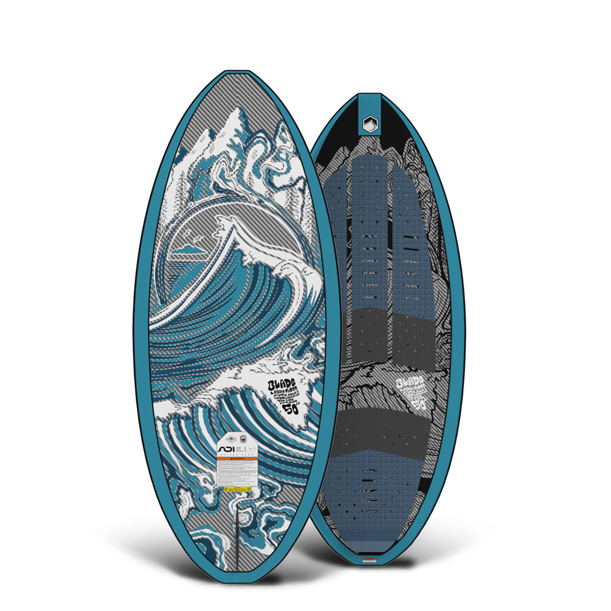 Two Blade skimboards with blue wave designs, front and back views.