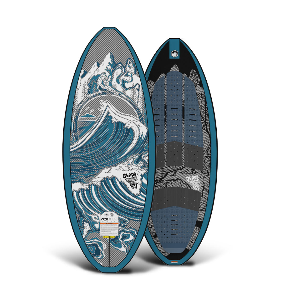 Top and bottom view of Blade wakesurf boards with intricate blue, gray, and black wave designs.