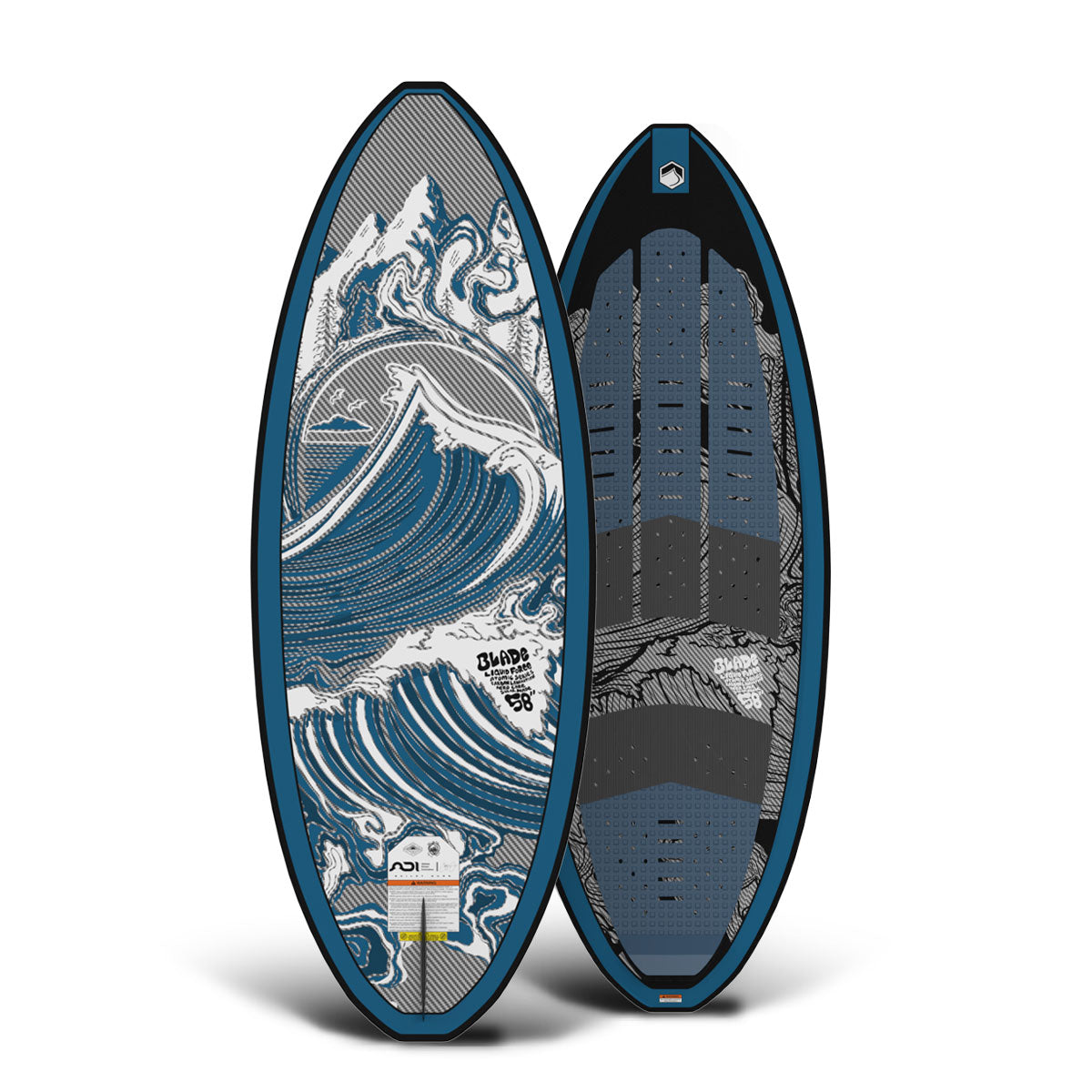 Top and bottom view of Blade wakesurf boards with blue and gray wave patterns front and back.