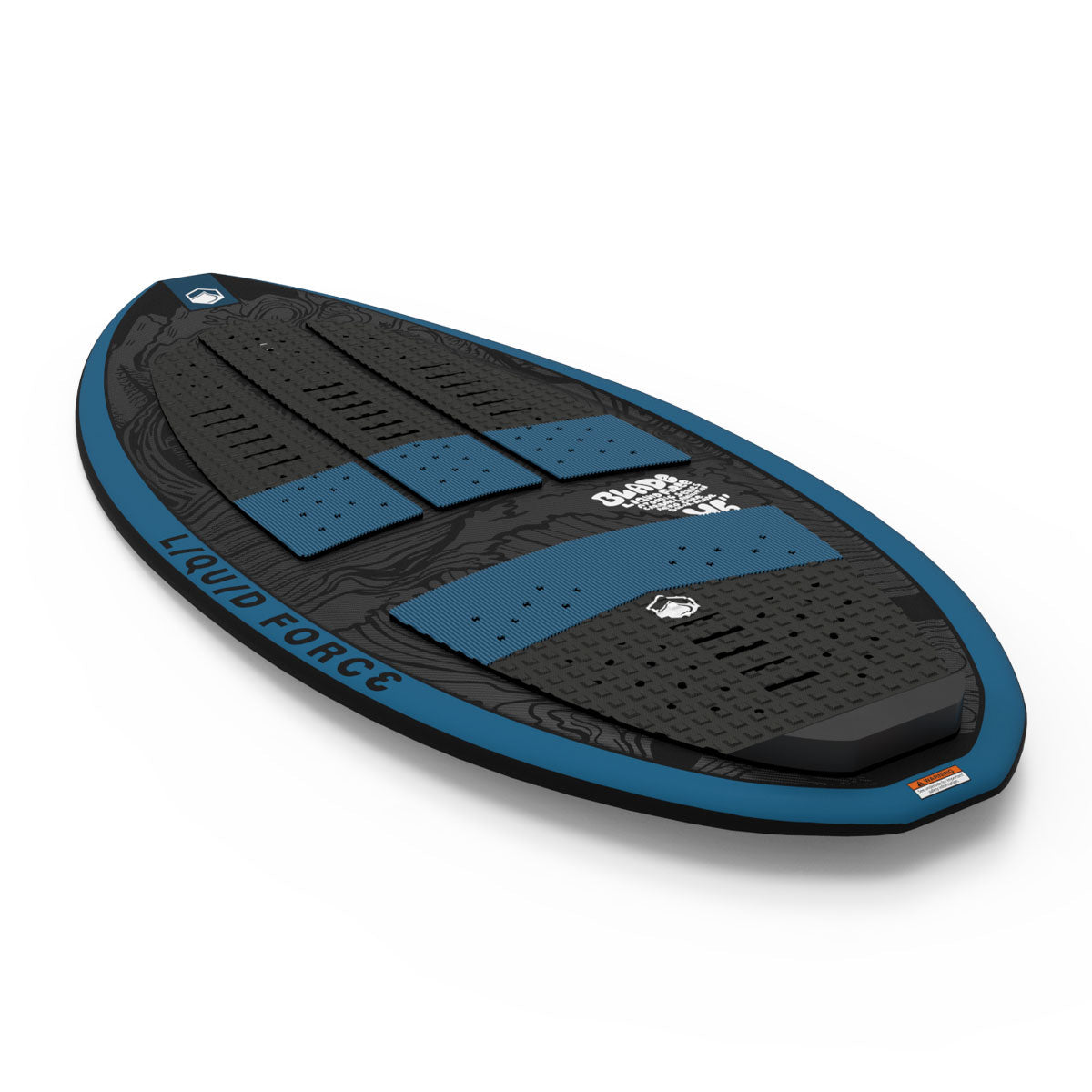 Blade wakesurf board in black and blue on a white background.