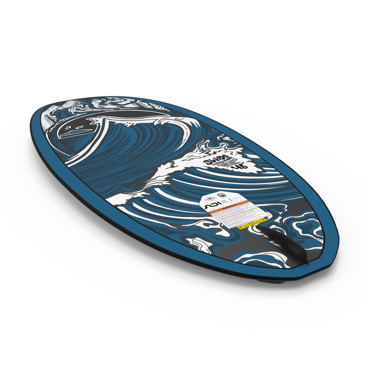 Blade wakesurf board with wave design in black and blue on base.