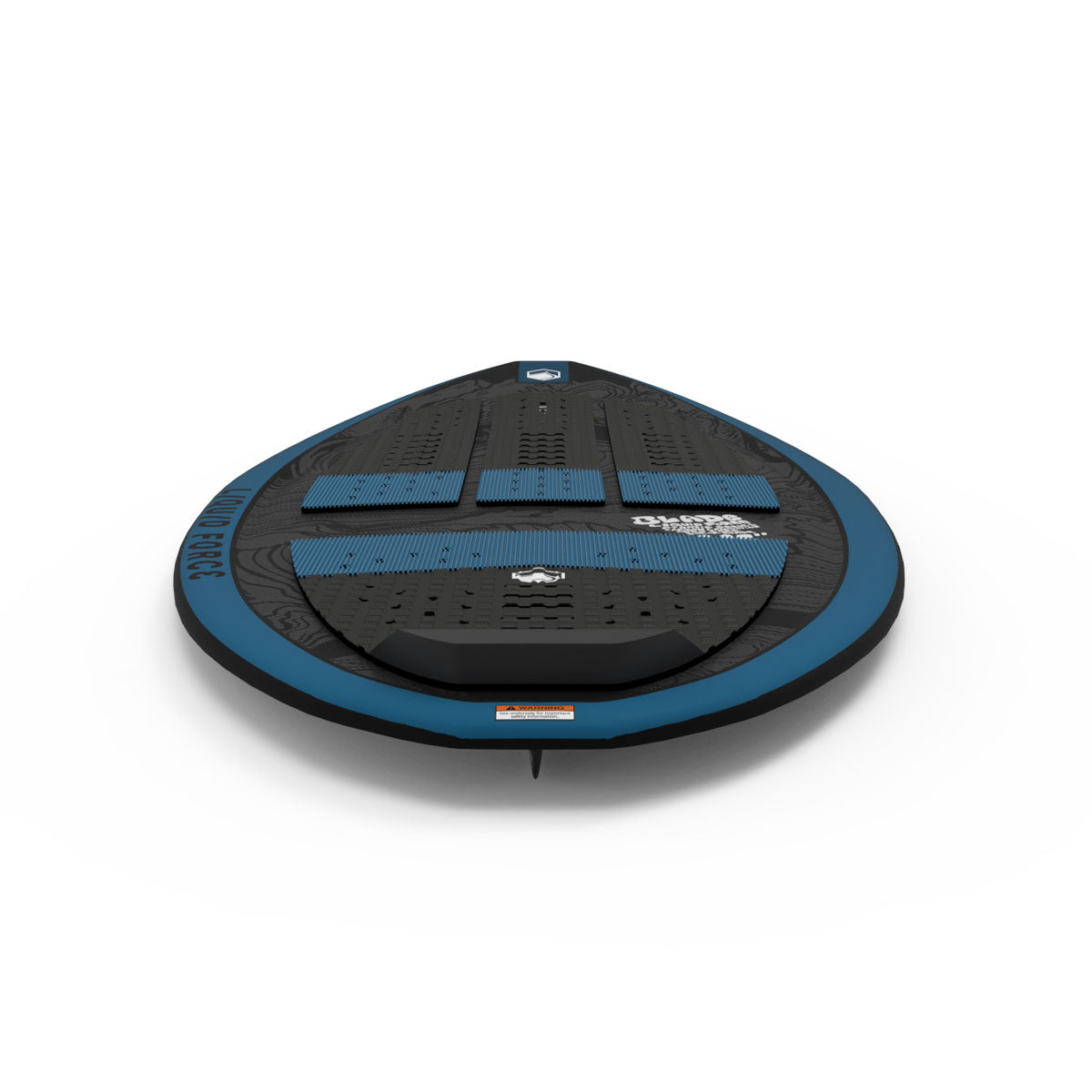 Blade wakesurf board with blue and black grip pads on a white background.