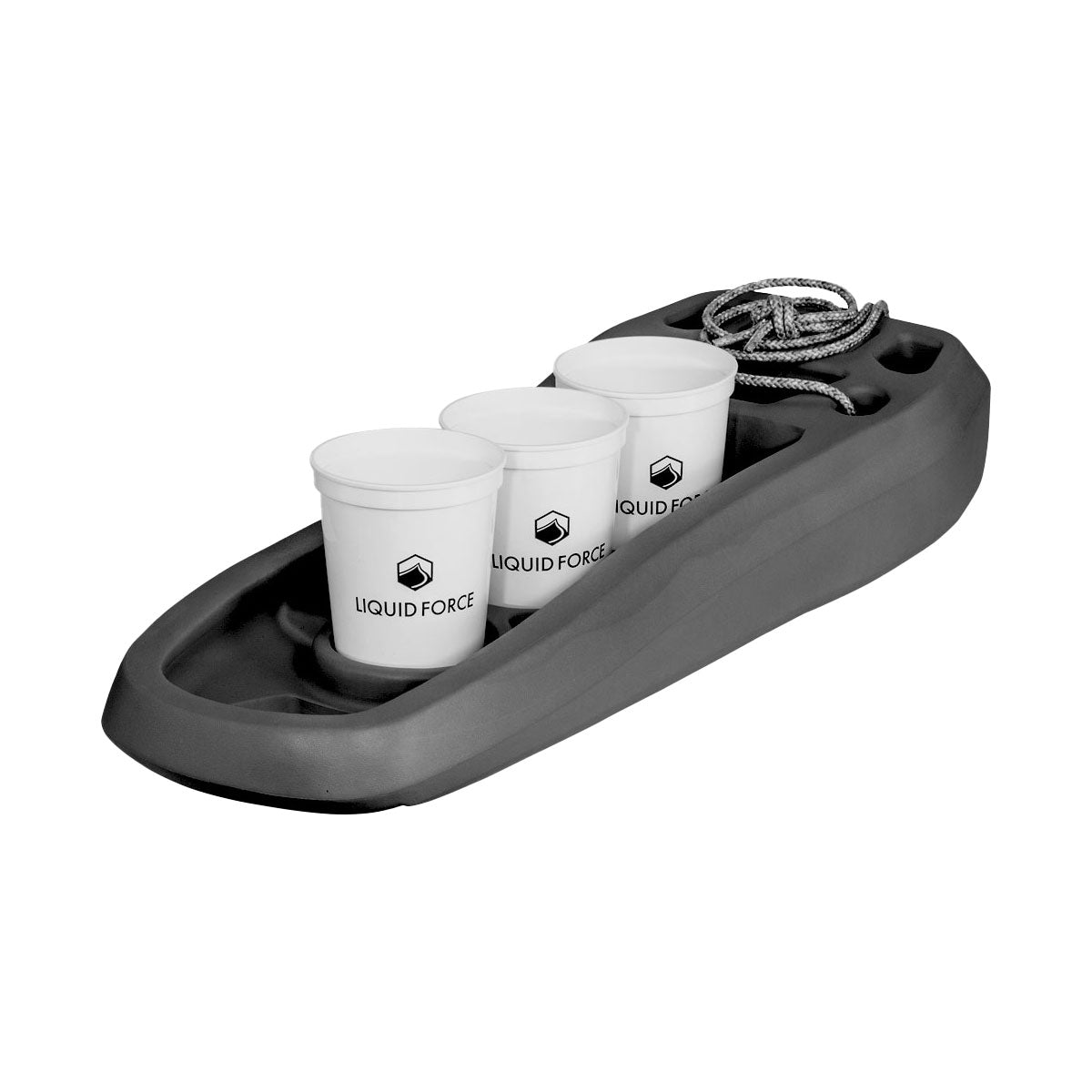 Angled rear view of liquid force boat defender in Dark Grey, includes rope to secure product and made of EVA injected foam. Doubles as a cup holder, three cups on display.