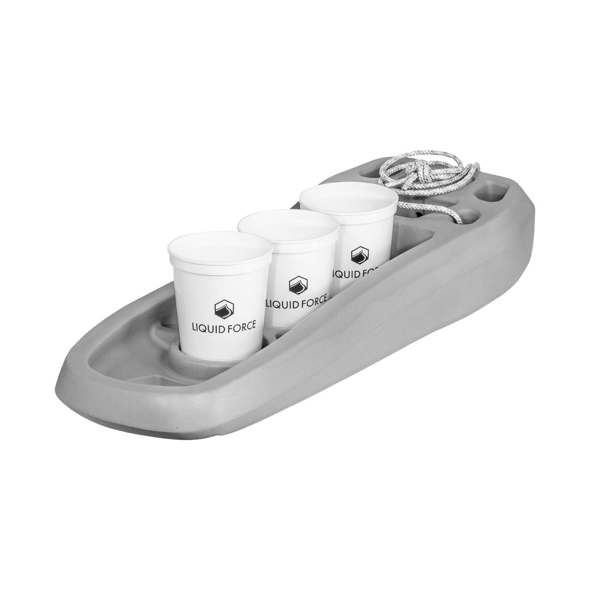 Angled rear view of liquid force boat defender in Light Grey, includes rope to secure product and made of EVA injected foam. Doubles as a cup holder, three cups on display.