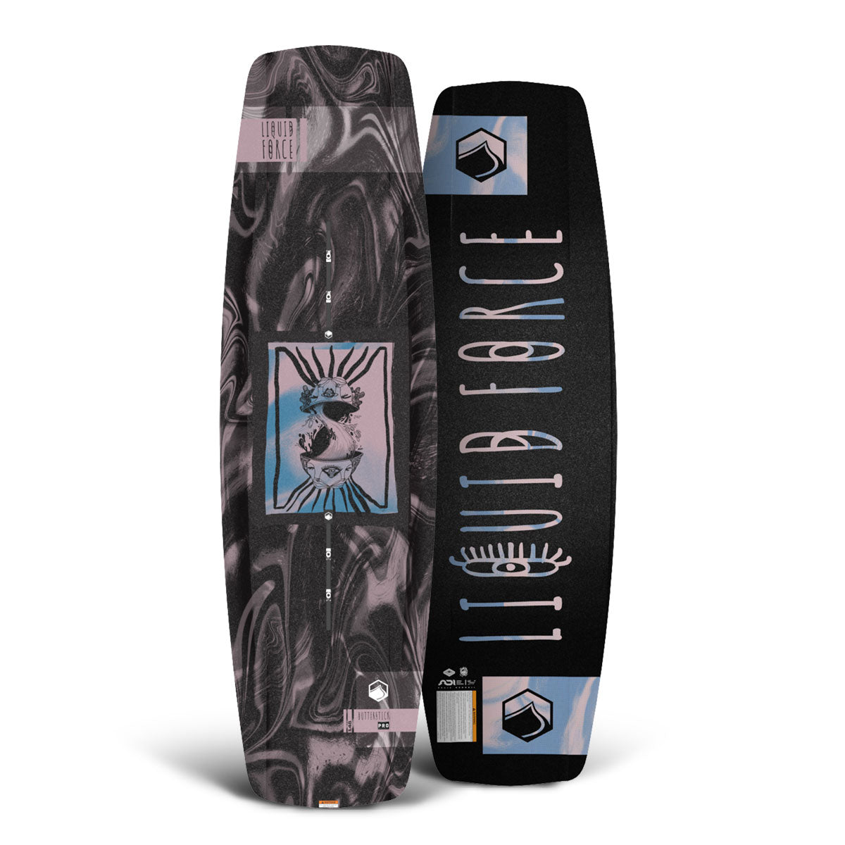 Top and bottom view of Liquid Force wakeboard featuring bold, abstract designs and logos on display.