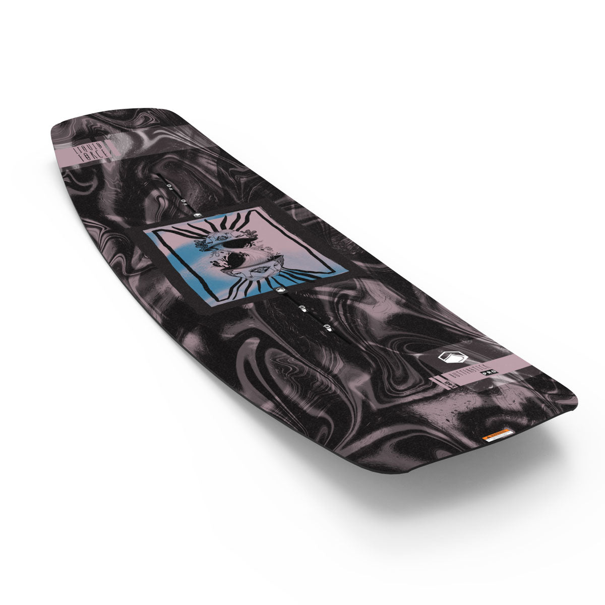Liquid Force wakeboard with a black/pink abstract swirl and geometric center graphic.