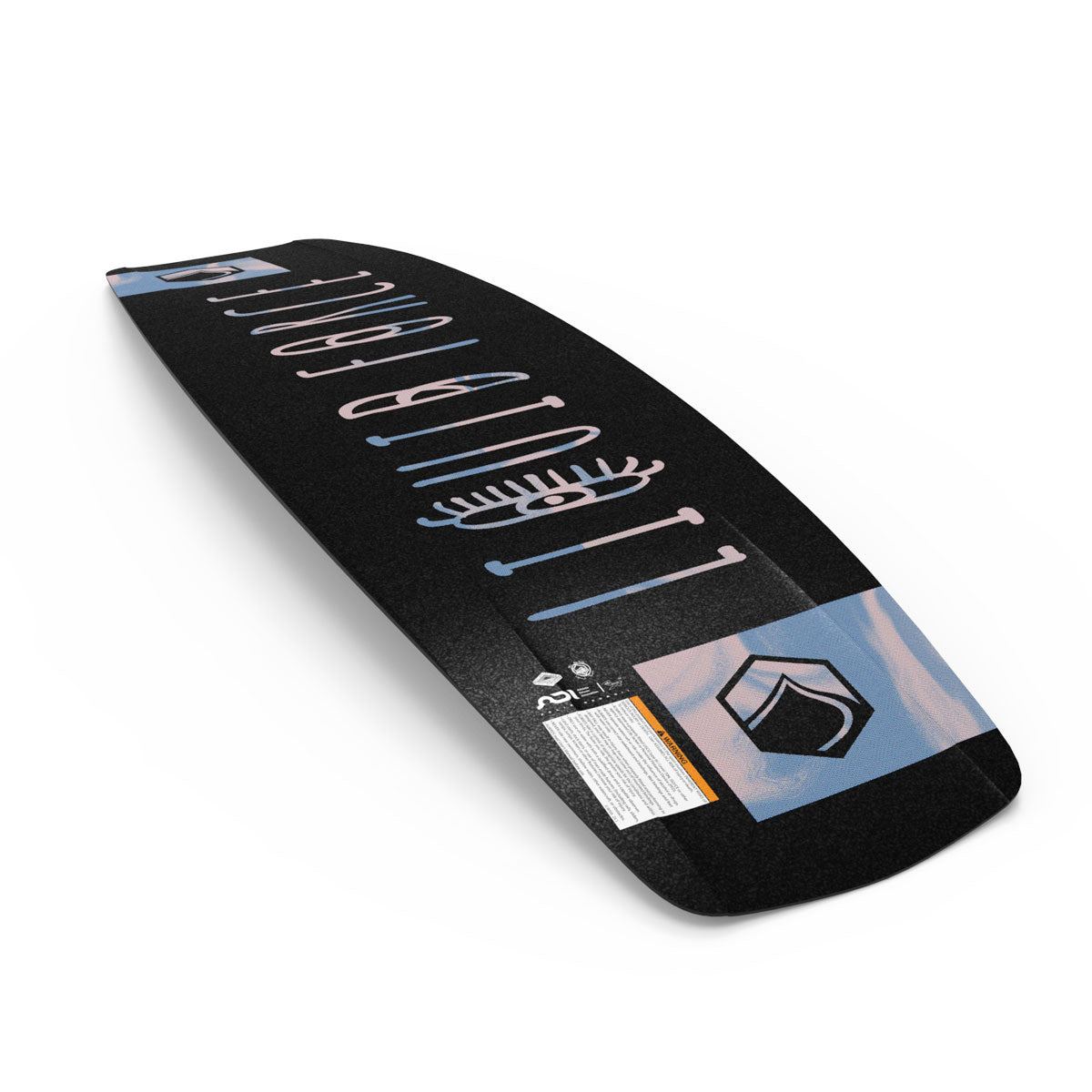 Liquid Force black/blue wakeboard with geometric design/logo on a white background.